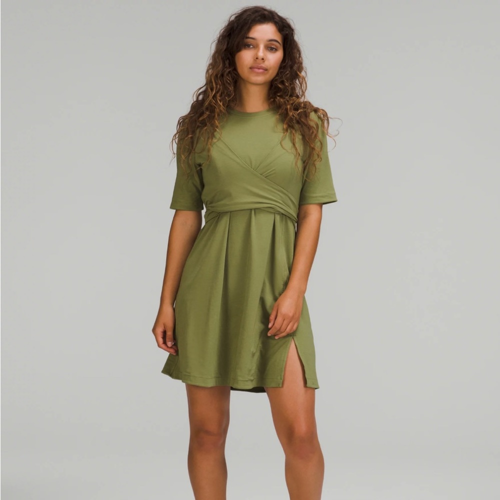 NWT lululemon COTTON WRAP-FRONT T-SHIRT DRESS in bronze green. Size 4